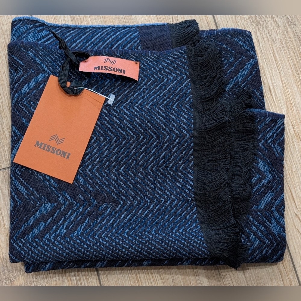 $285 Mens MISSONI Logo Chevron Wool Blend Scarf Blue Multi
